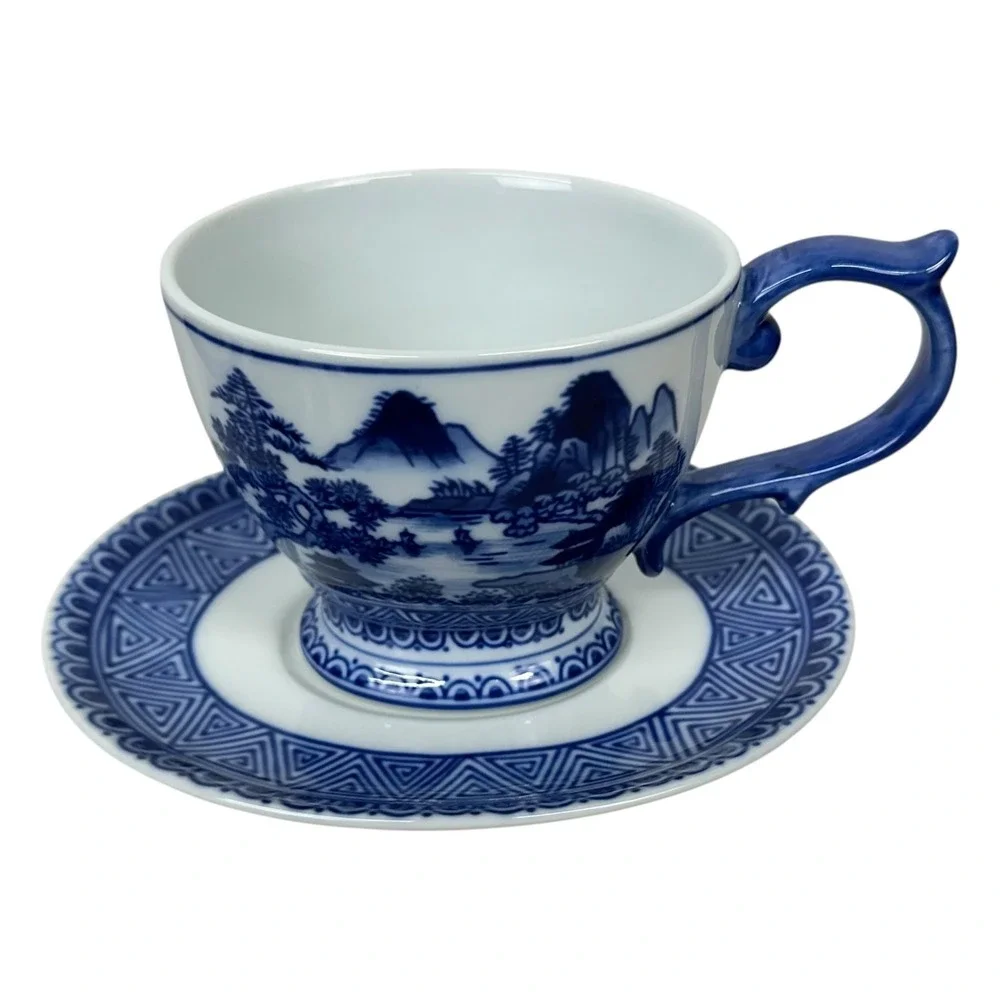 Bombay Four Mountains Blue White Porcelain Teacups Saucers Asian Landscape Set 4